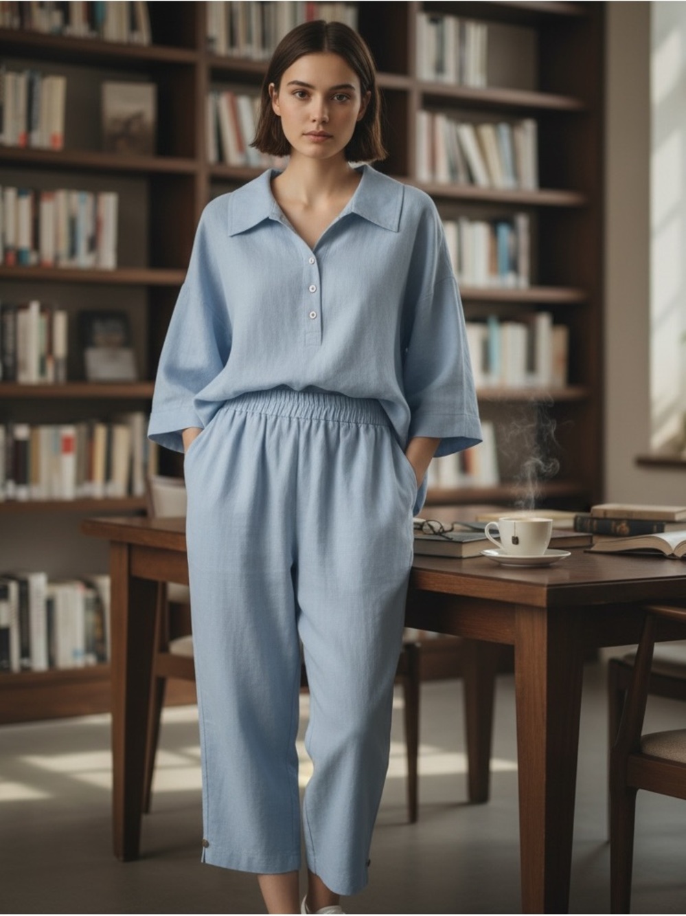 Relaxed Linen-Blend Elastic Waist Pants - Light Blue
